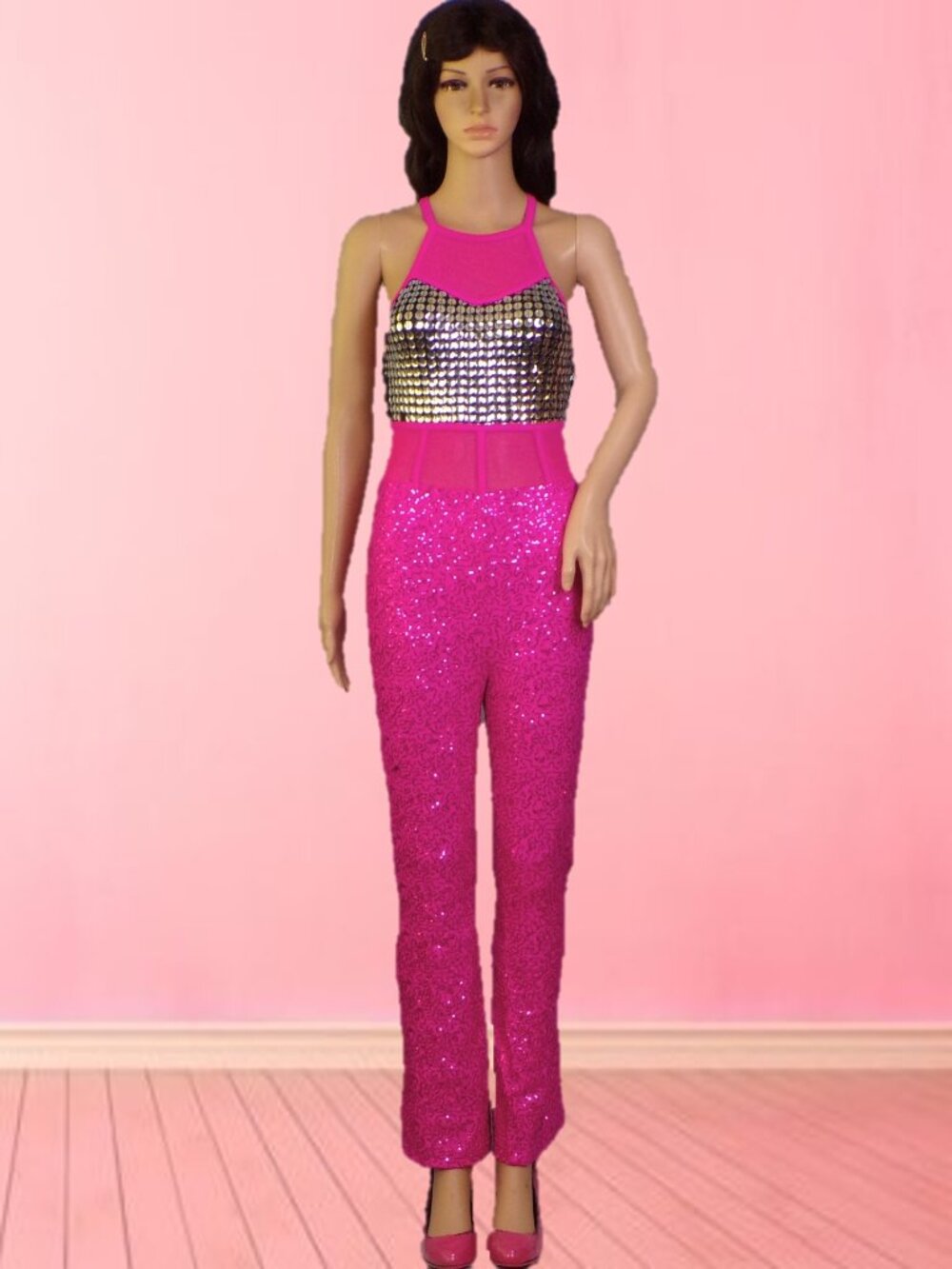 WEISSMAN size SA fuchsia jumpsuit-style sequined dance costume poly/nylon/spandx